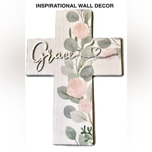 WALL DECOR “GRACE” wooden inspirational floral cross size 14x10  NWT